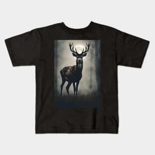 Deer in the Dark Foggy Forest Vintage Art Kids T-Shirt